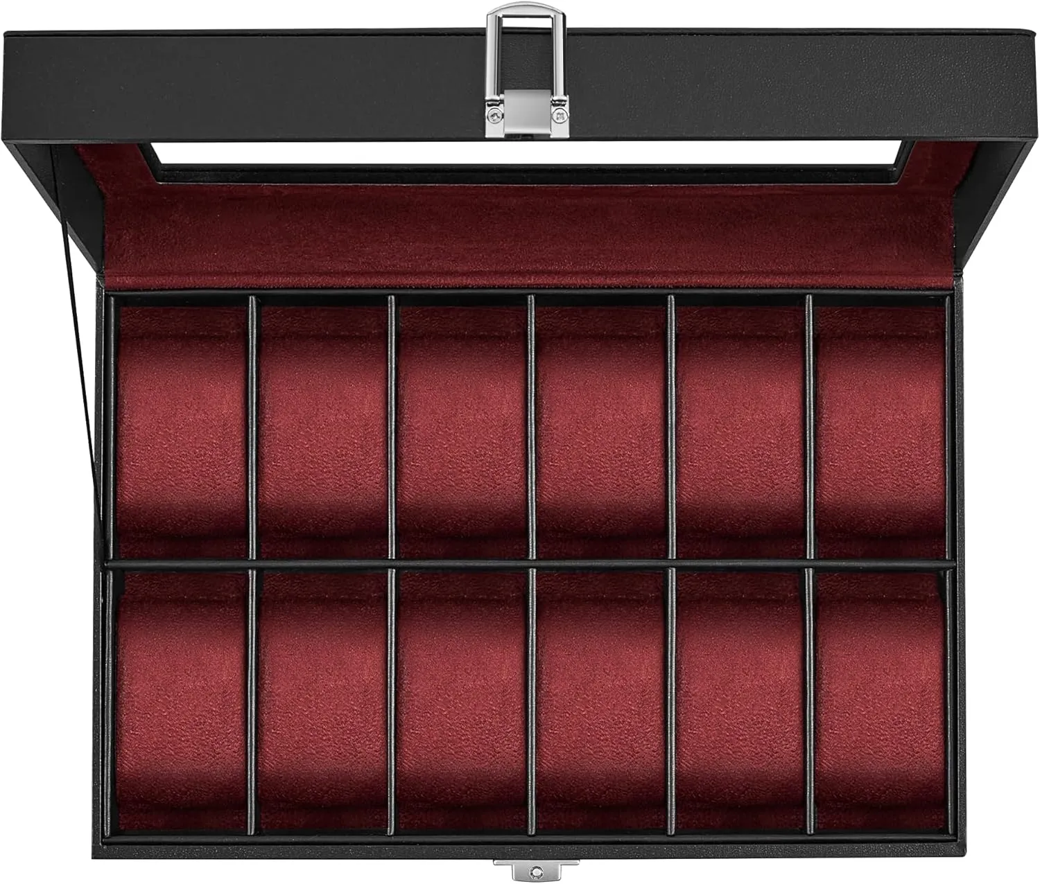 SONGMICS Watch Box, 12-Slot Watch Case with Large Glass Lid, Removable Watch Pillows, Watch Box Organizer, Gift for Loved Ones, Black Synthetic Leather, Wine Red Lining UJWB120R01