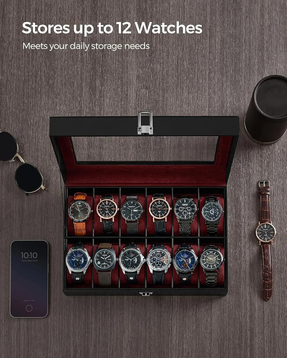 SONGMICS Watch Box, 12-Slot Watch Case with Large Glass Lid, Removable Watch Pillows, Watch Box Organizer, Gift for Loved Ones, Black Synthetic Leather, Wine Red Lining UJWB120R01