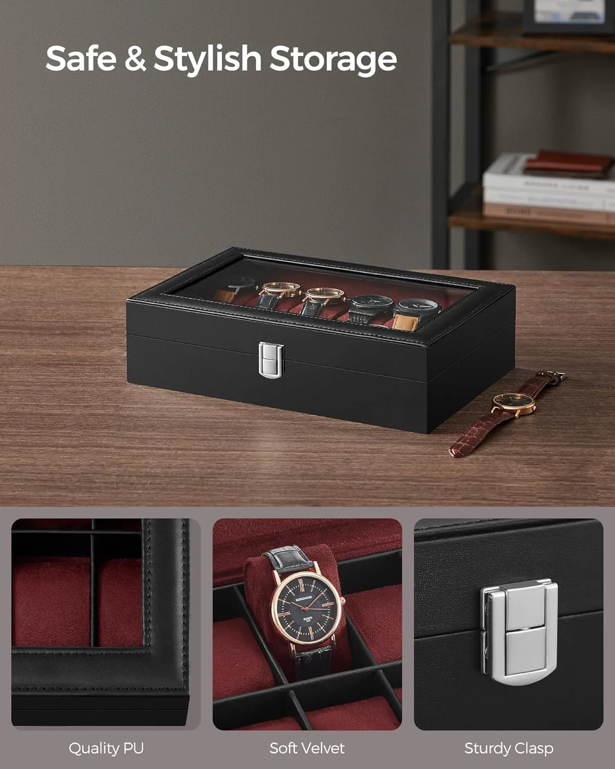 SONGMICS Watch Box, 12-Slot Watch Case with Large Glass Lid, Removable Watch Pillows, Watch Box Organizer, Gift for Loved Ones, Black Synthetic Leather, Wine Red Lining UJWB120R01