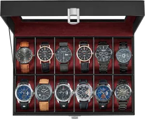 SONGMICS Watch Box, 12-Slot Watch Case with Large Glass Lid, Removable Watch Pillows, Watch Box Organizer, Gift for Loved Ones, Black Synthetic Leather, Wine Red Lining UJWB120R01