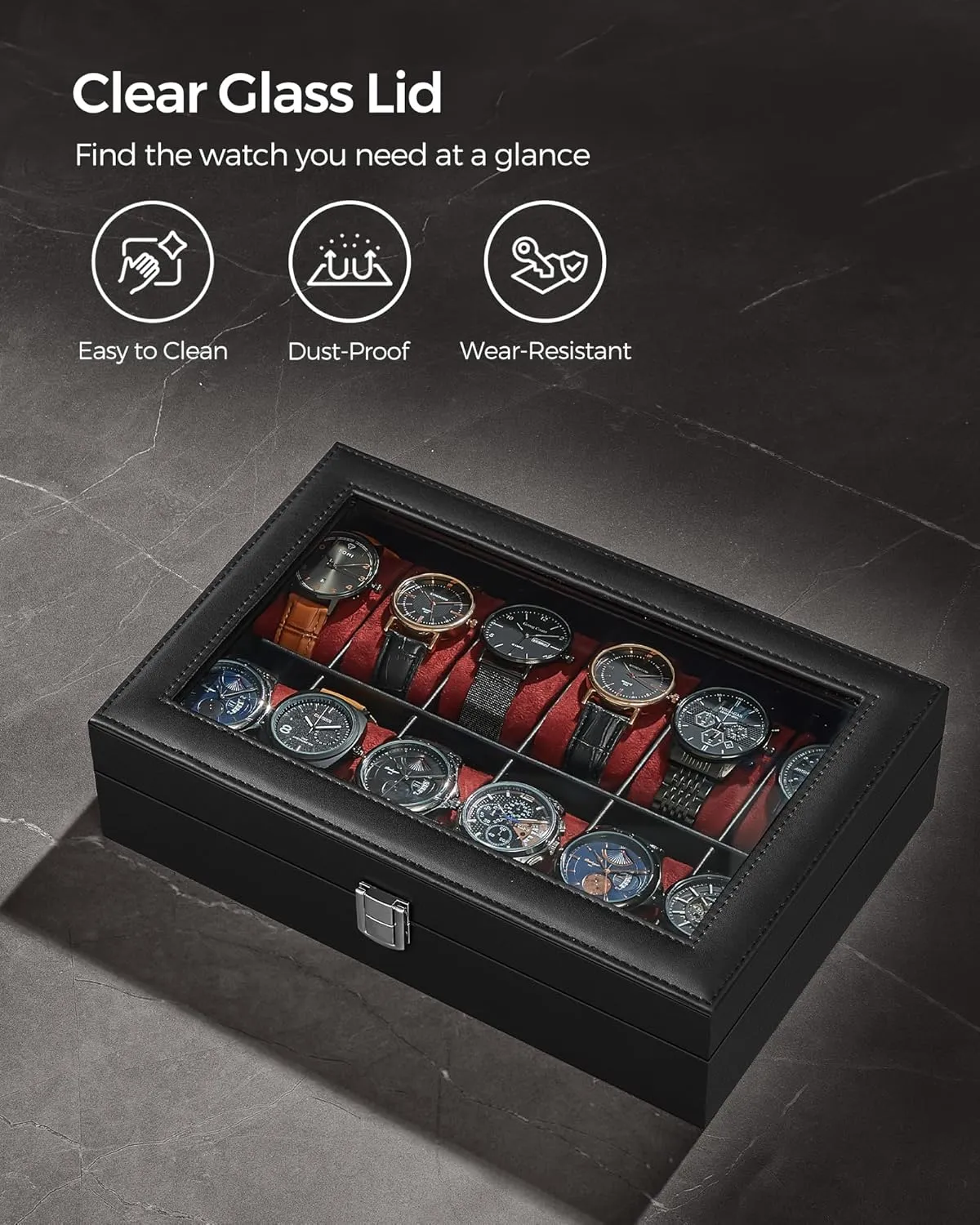 SONGMICS Watch Box, 12-Slot Watch Case with Large Glass Lid, Removable Watch Pillows, Watch Box Organizer, Gift for Loved Ones, Black Synthetic Leather, Wine Red Lining UJWB120R01