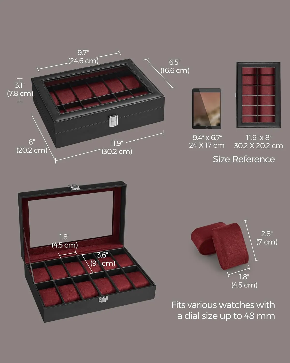 SONGMICS Watch Box, 12-Slot Watch Case with Large Glass Lid, Removable Watch Pillows, Watch Box Organizer, Gift for Loved Ones, Black Synthetic Leather, Wine Red Lining UJWB120R01