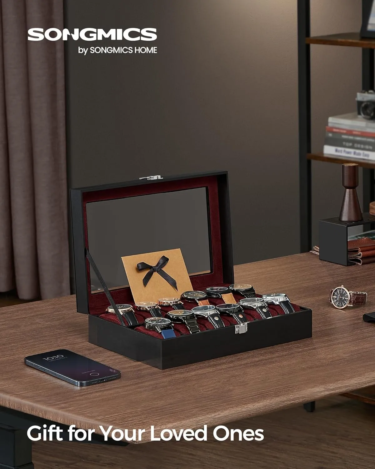 SONGMICS Watch Box, 12-Slot Watch Case with Large Glass Lid, Removable Watch Pillows, Watch Box Organizer, Gift for Loved Ones, Black Synthetic Leather, Wine Red Lining UJWB120R01