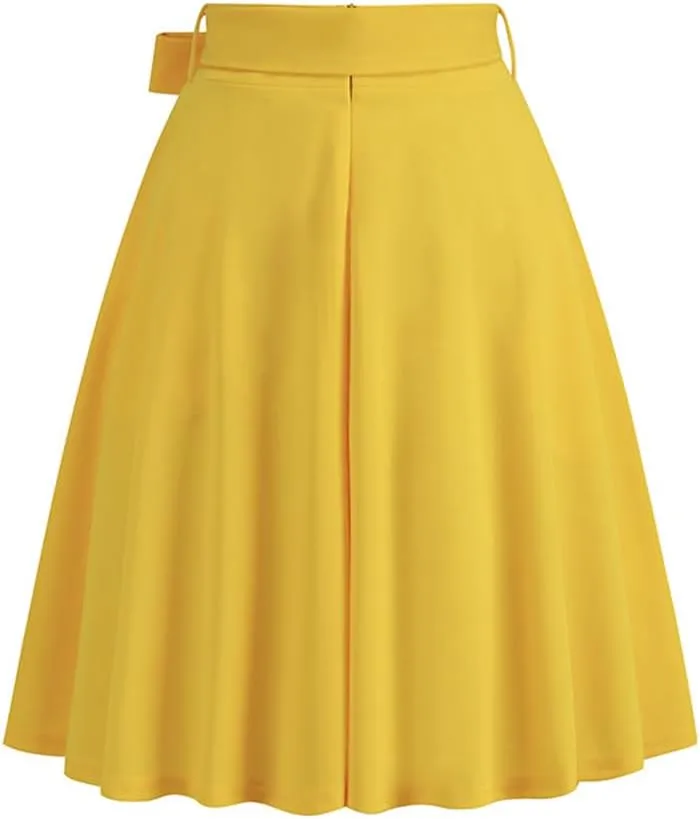 Sorrica Women's Vintage Pleated Midi Skirts High Waist A-line Flared Skater Skirts with Pockets