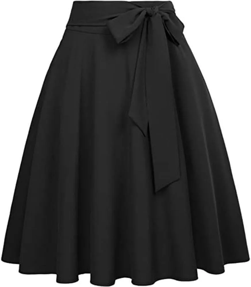 Sorrica Women's Vintage Pleated Midi Skirts High Waist A-line Flared Skater Skirts with Pockets