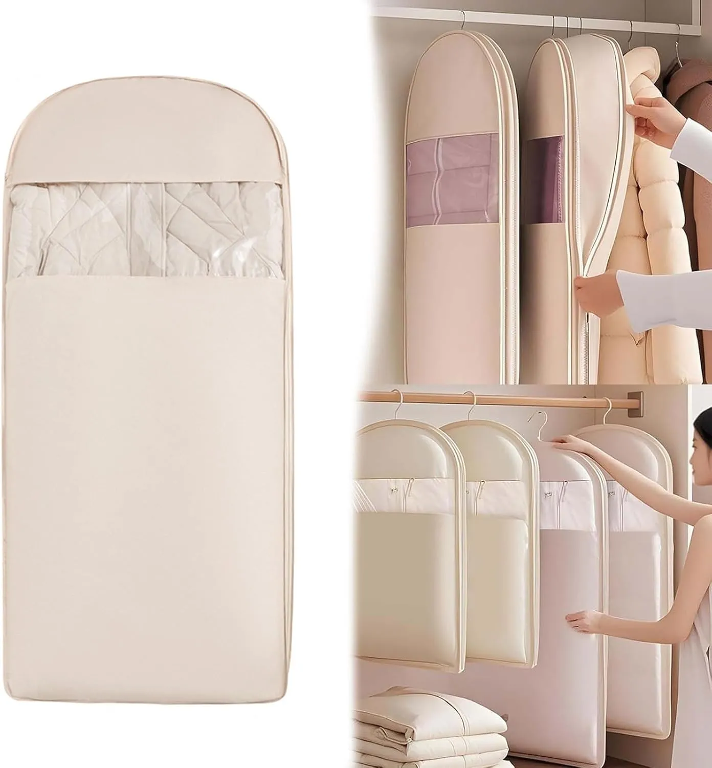Space Saving Hanging Garment Bag with Self Compression Zipper, 2025 New Space Saving Hanging Protector for Down Coat, Down Coat Compression Dust Cover for Closet Storage (Beige, Large)