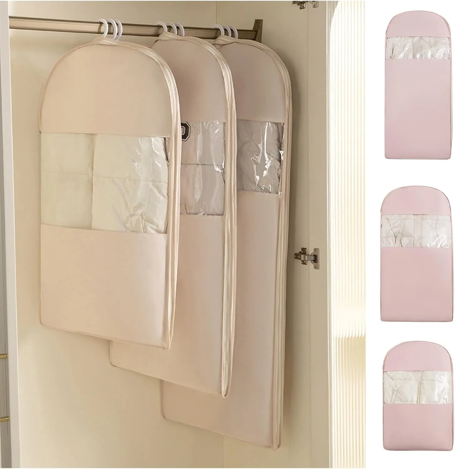 Space Saving Hanging Garment Bag with Self Compression Zipper, 2025 New Space Saving Hanging Protector for Down Coat, Down Coat Compression Dust Cover for Closet Storage (Pink, Small)