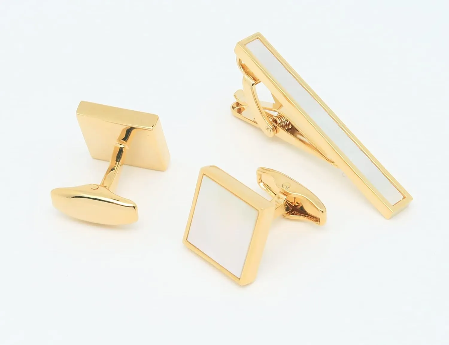 Square Mother of Pearl Men Cufflinks and Tie Clip Set Handmade Silver Gold Men Tie Clip Cufflinks Tie Pin for Wedding Business Shirt Necktie