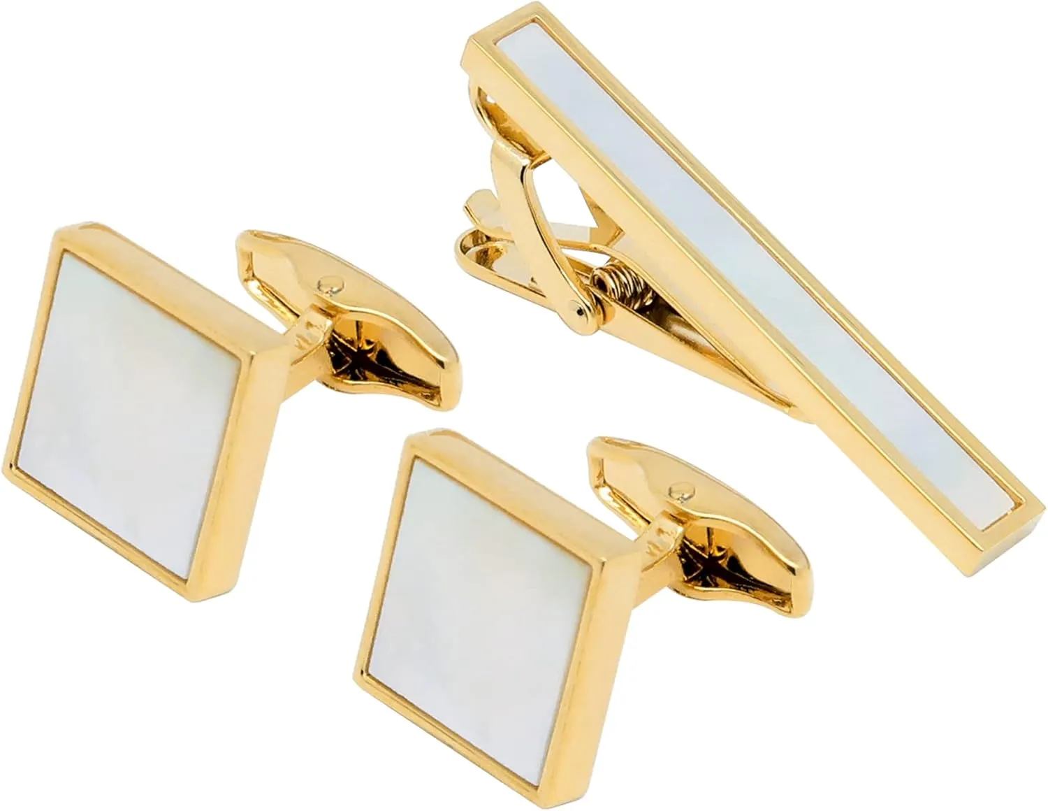 Square Mother of Pearl Men Cufflinks and Tie Clip Set Handmade Silver Gold Men Tie Clip Cufflinks Tie Pin for Wedding Business Shirt Necktie