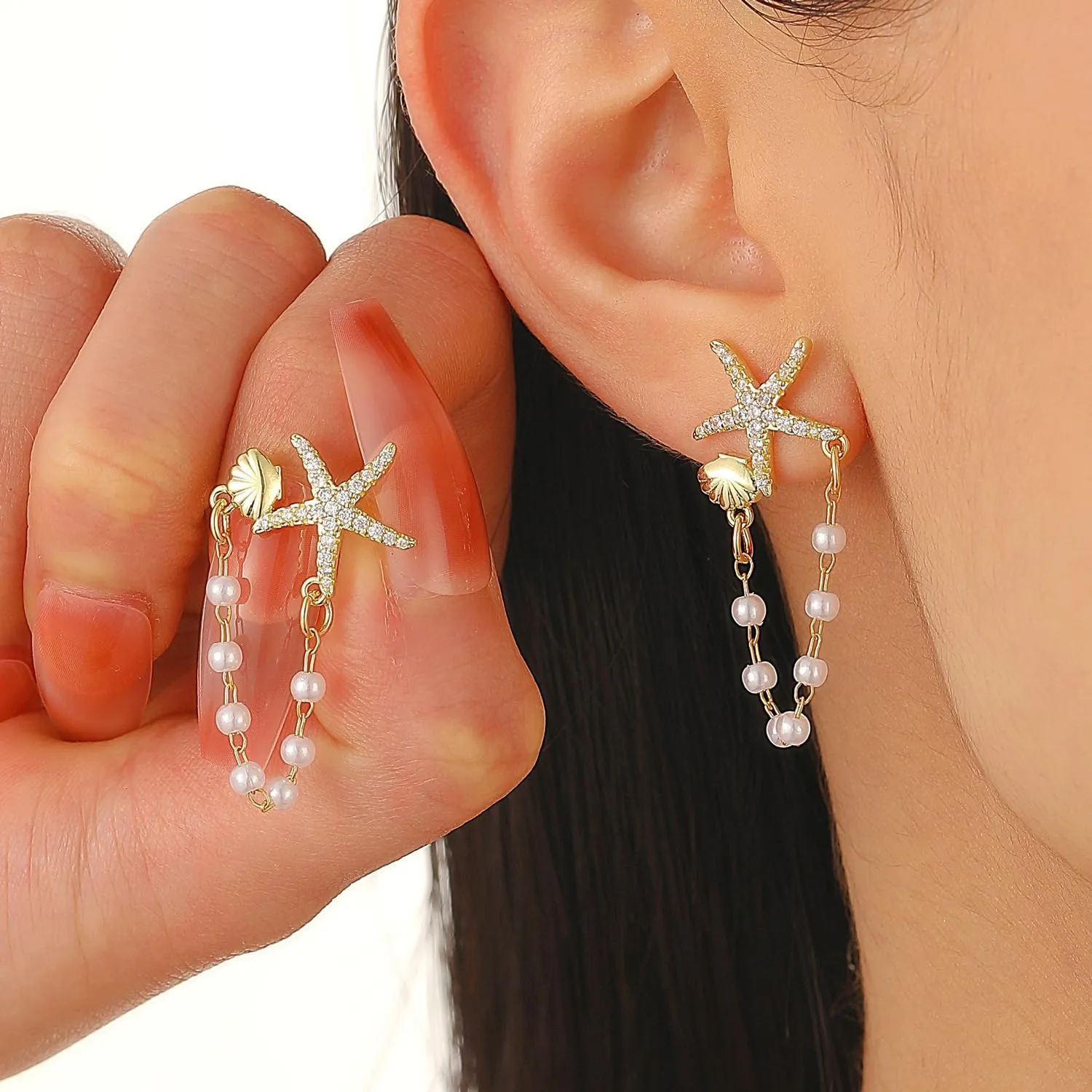 Starfish Earrings for Women Gold Sea Shell Pearl Statement Earrings Beach Vacation Ocean Summer Jewelry