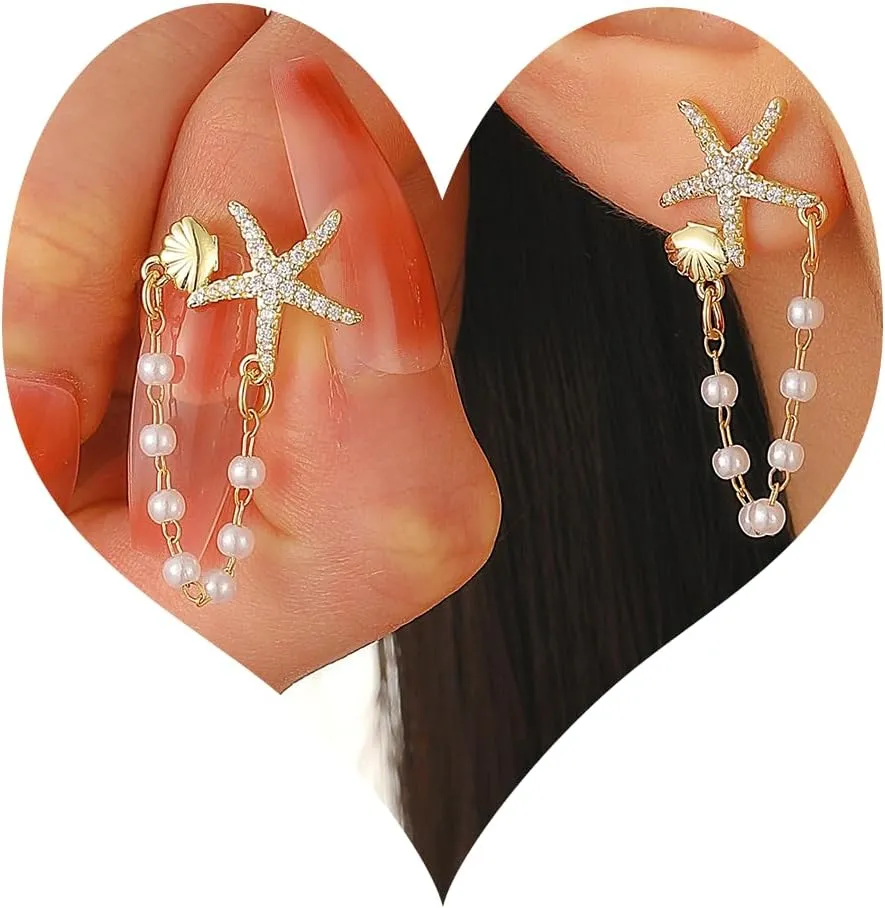 Starfish Earrings for Women Gold Sea Shell Pearl Statement Earrings Beach Vacation Ocean Summer Jewelry