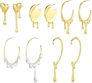 Statement Gold Earrings Set for Women Trendy, Dripping Heart Stud Earrings,14K gold plated hypoallergenic hoops ear cuffs set for gift, 5pairs