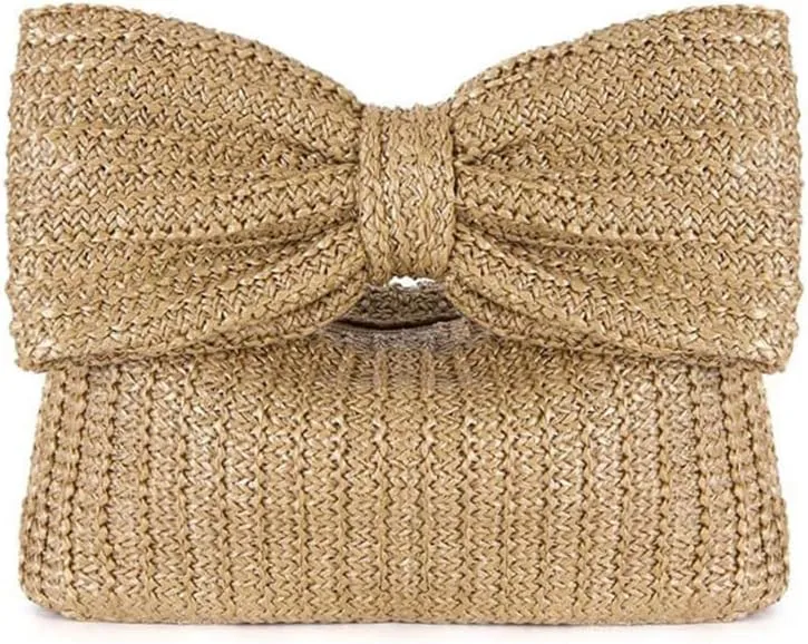 Straw Clutch Purses for Women Woven Bow Evening Clutch Bag Summer Straw Beach Bag Woven Envelope Handbag 2024