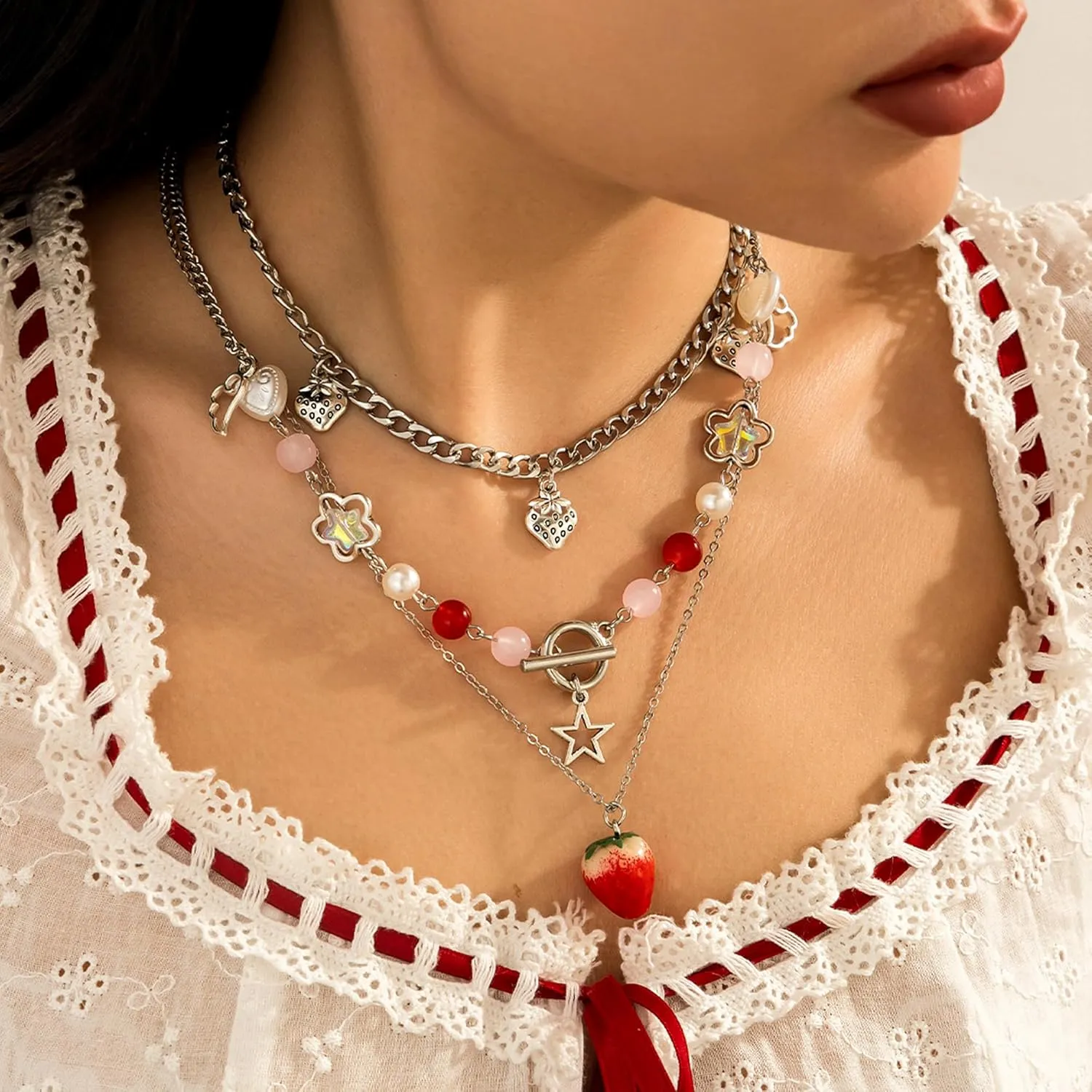 Strawberry Necklace Y2K Pearl Strawberry Bow Butterfly Heart Choker Beaded Boho Summer Benchy Lovely Fruit Pendant Layered Necklace Jewelry for Women