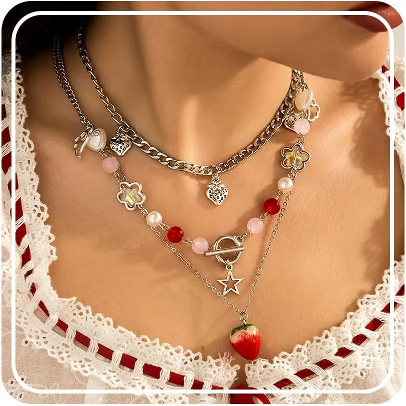 Strawberry Necklace Y2K Pearl Strawberry Bow Butterfly Heart Choker Beaded Boho Summer Benchy Lovely Fruit Pendant Layered Necklace Jewelry for Women