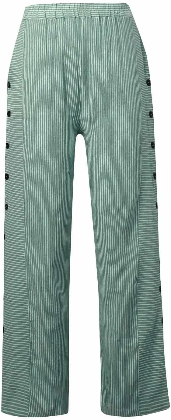 Striped Linen Pants Women Summer Elastic Waist Straight Leg Cropped Pants Baggy Capri Casual Trousers with Pockets