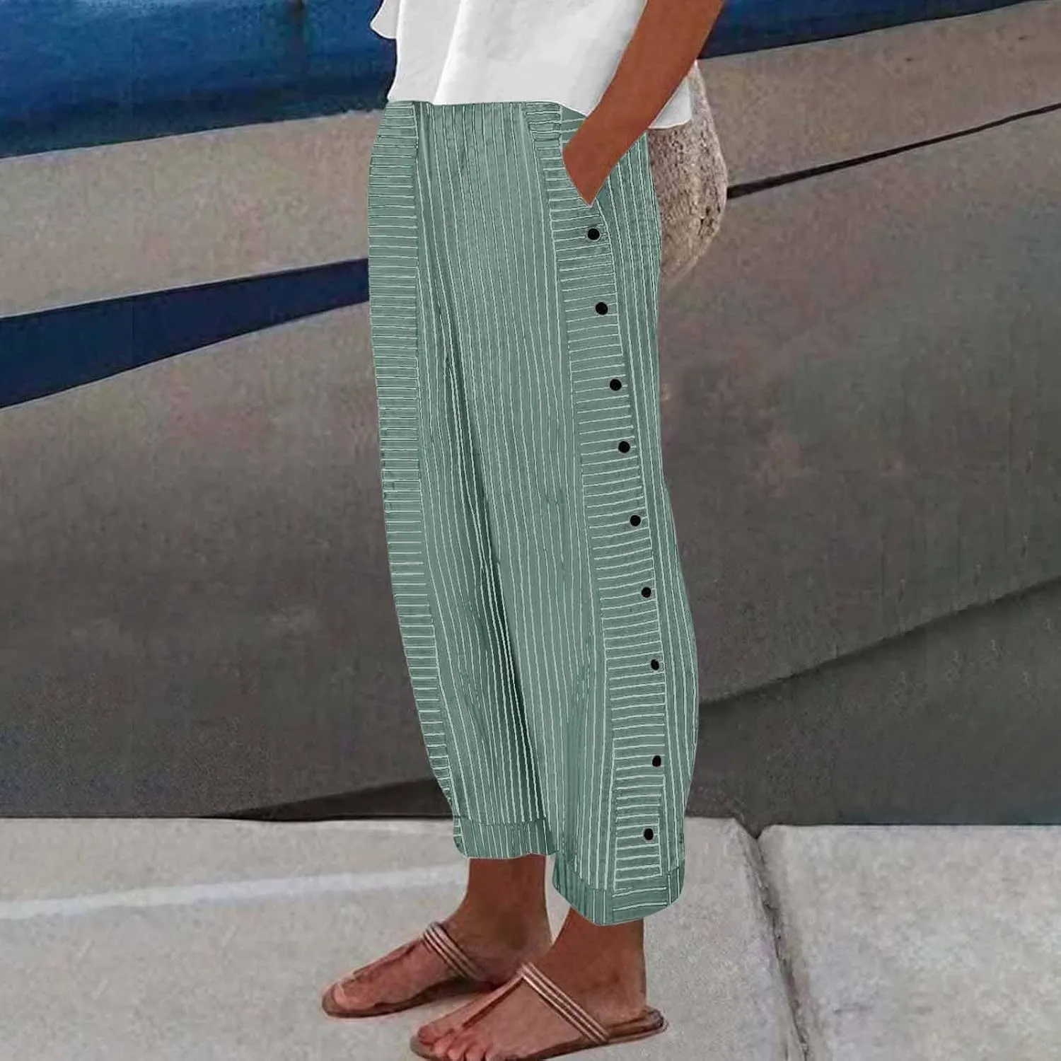 Striped Linen Pants Women Summer Elastic Waist Straight Leg Cropped Pants Baggy Capri Casual Trousers with Pockets