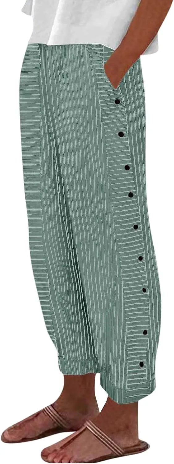 Striped Linen Pants Women Summer Elastic Waist Straight Leg Cropped Pants Baggy Capri Casual Trousers with Pockets