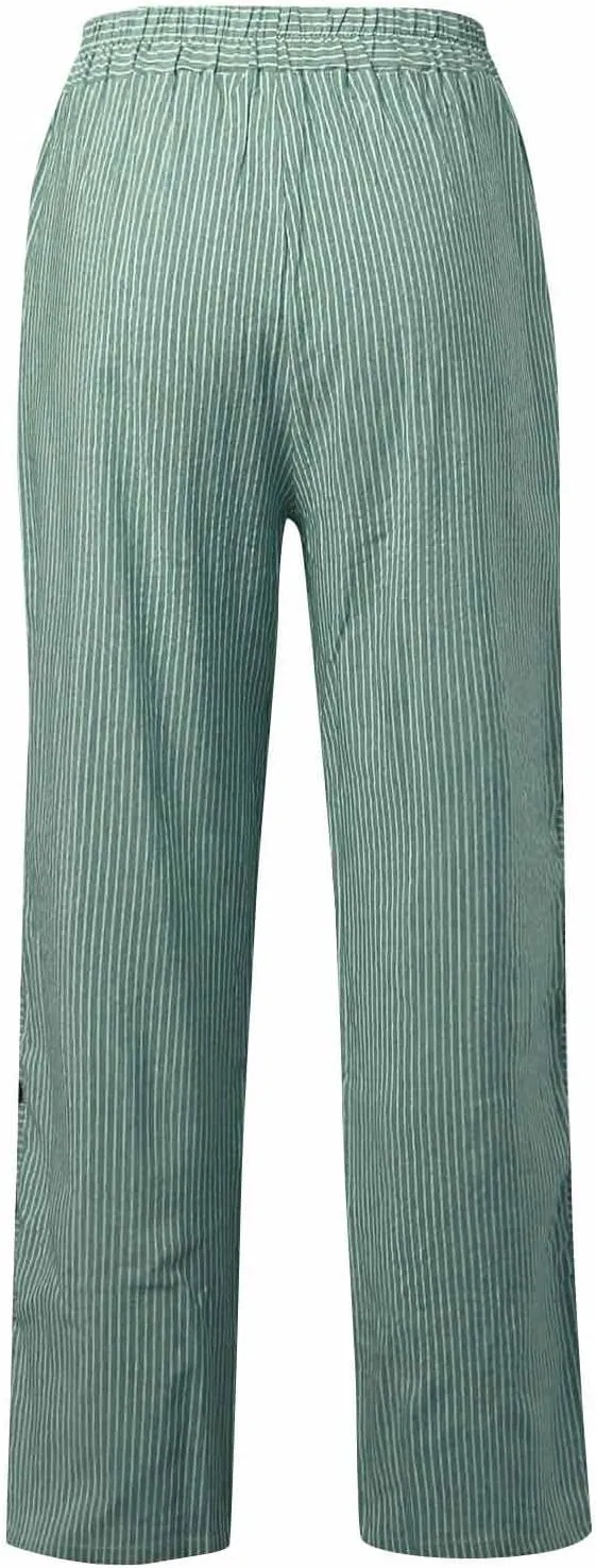 Striped Linen Pants Women Summer Elastic Waist Straight Leg Cropped Pants Baggy Capri Casual Trousers with Pockets