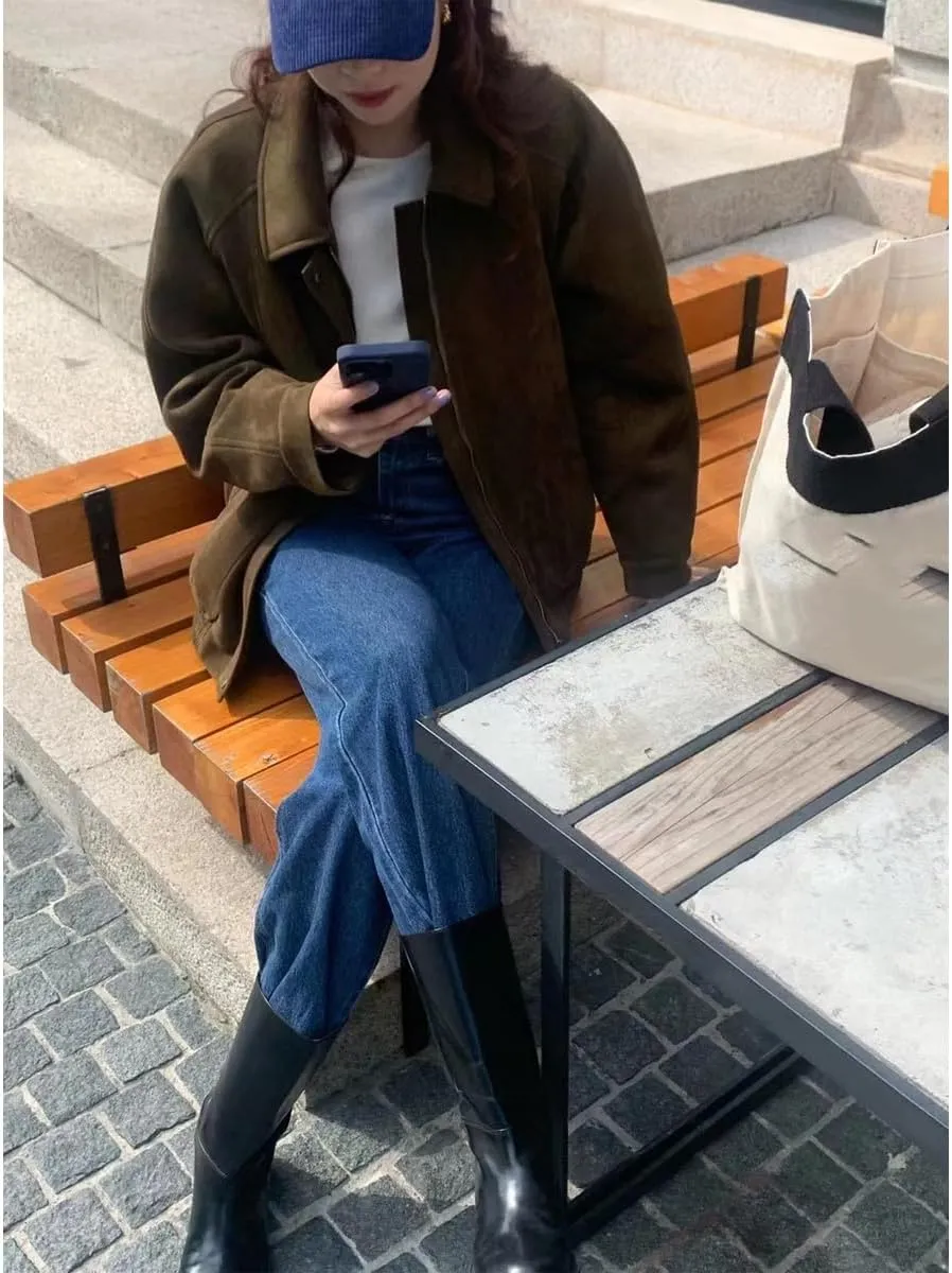 Suede Cropped Jacket Women Y2k Outerwear Brown Faux Leather Bomber Jacket Fall Fashion 2024 Trendy Winter Blazer
