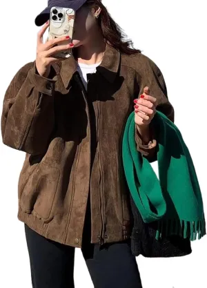 Suede Cropped Jacket Women Y2k Outerwear Brown Faux Leather Bomber Jacket Fall Fashion 2024 Trendy Winter Blazer