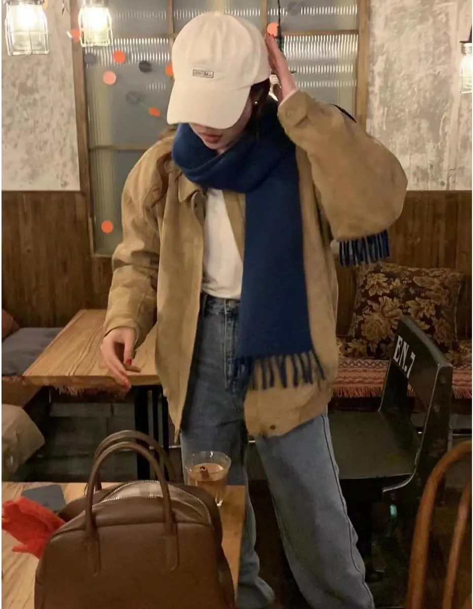 Suede Cropped Jacket Women Y2k Outerwear Brown Faux Leather Bomber Jacket Fall Fashion 2024 Trendy Winter Blazer