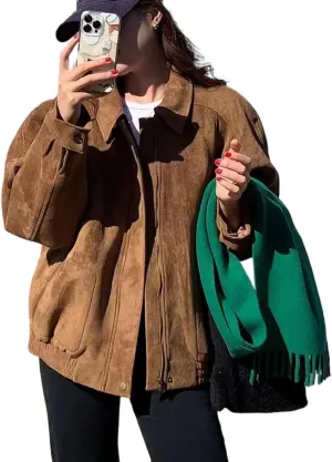 Suede Cropped Jacket Women Y2k Outerwear Brown Faux Leather Bomber Jacket Fall Fashion 2024 Trendy Winter Blazer