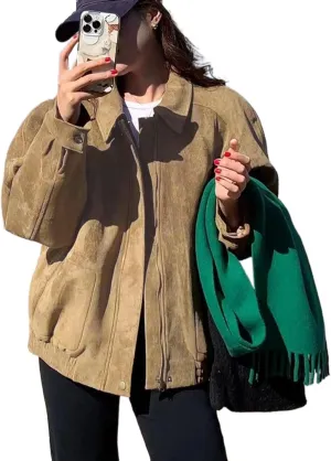 Suede Cropped Jacket Women Y2k Outerwear Brown Faux Leather Bomber Jacket Fall Fashion 2024 Trendy Winter Blazer