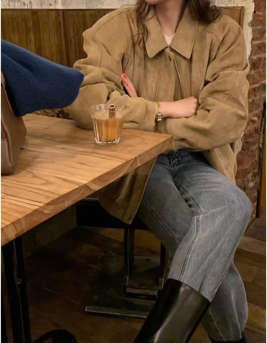 Suede Cropped Jacket Women Y2k Outerwear Brown Faux Leather Bomber Jacket Fall Fashion 2024 Trendy Winter Blazer