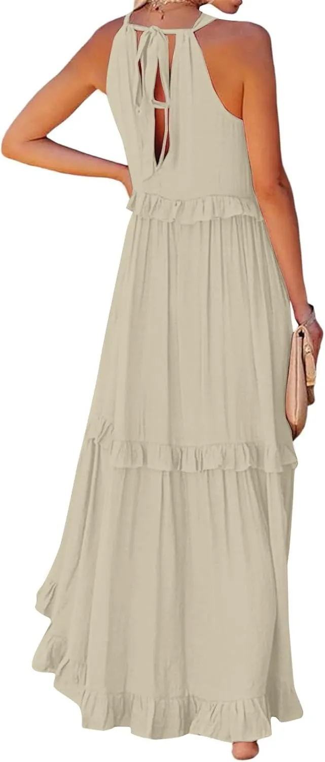 Summer Dresses for Women 2025 Boho Halter Maxi Dresses Sleeveless Pleated Tiered Flowy Beach Vacation Long Dress