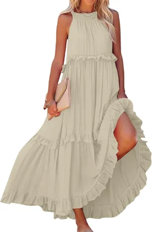 Summer Dresses for Women 2025 Boho Halter Maxi Dresses Sleeveless Pleated Tiered Flowy Beach Vacation Long Dress