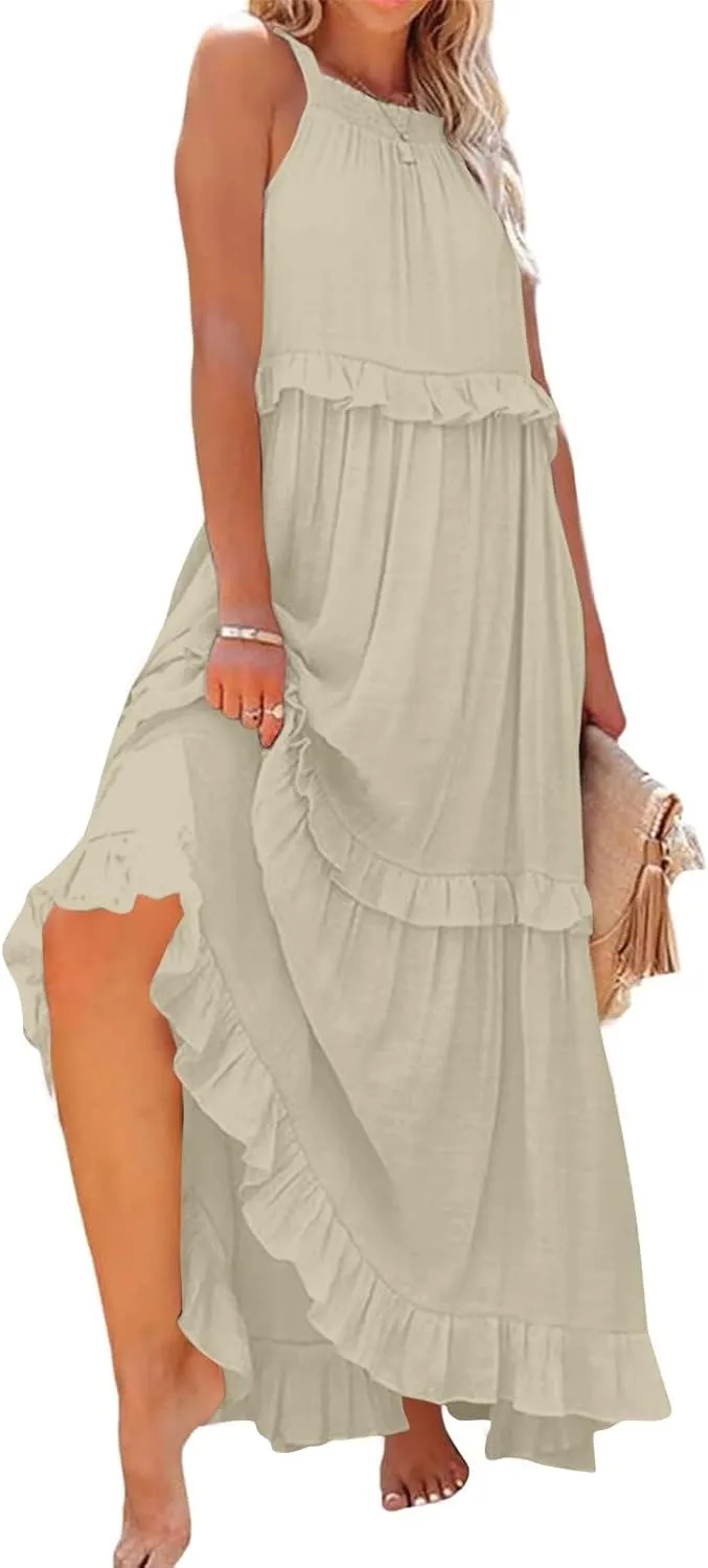 Summer Dresses for Women 2025 Boho Halter Maxi Dresses Sleeveless Pleated Tiered Flowy Beach Vacation Long Dress