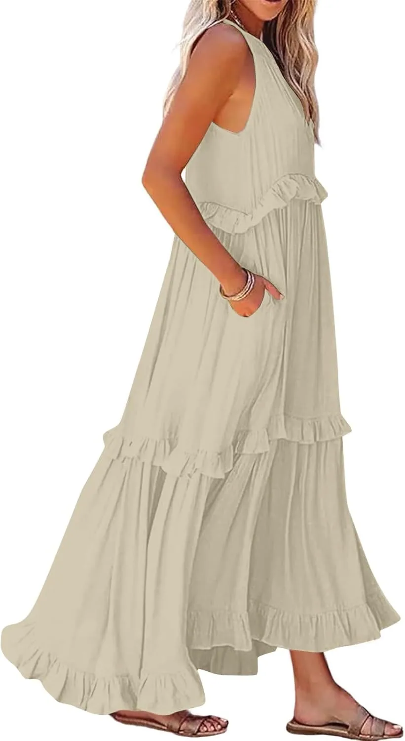 Summer Dresses for Women 2025 Boho Halter Maxi Dresses Sleeveless Pleated Tiered Flowy Beach Vacation Long Dress