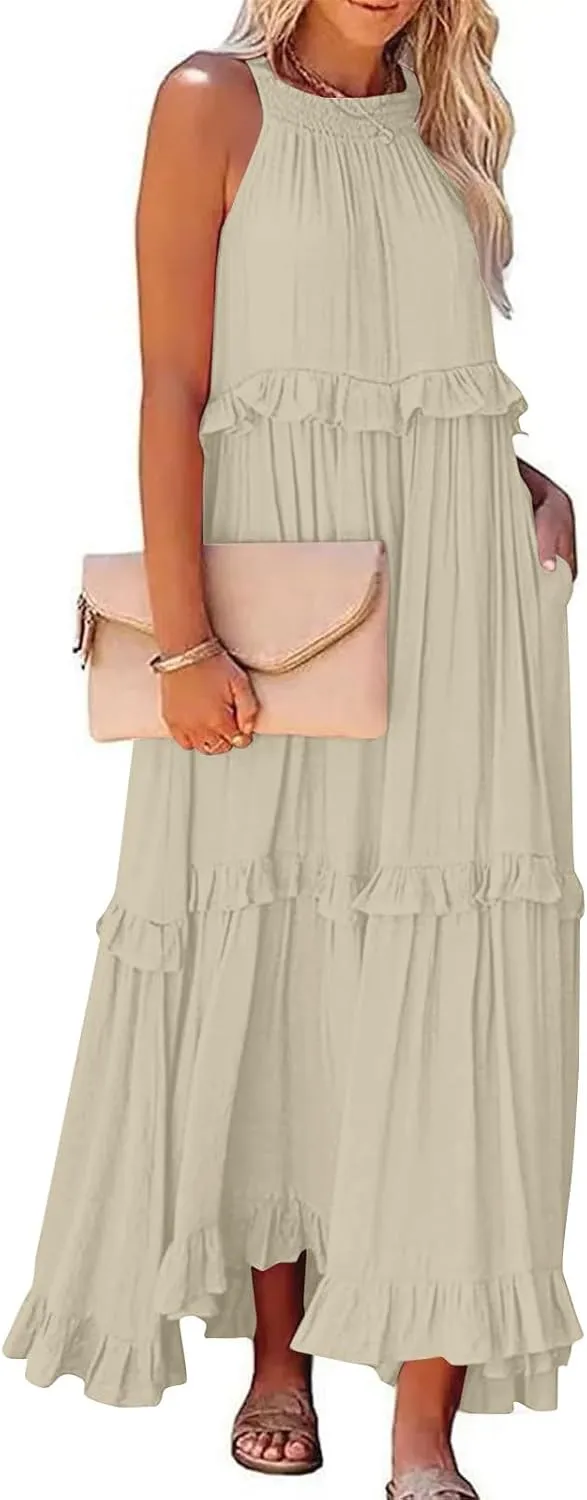Summer Dresses for Women 2025 Boho Halter Maxi Dresses Sleeveless Pleated Tiered Flowy Beach Vacation Long Dress