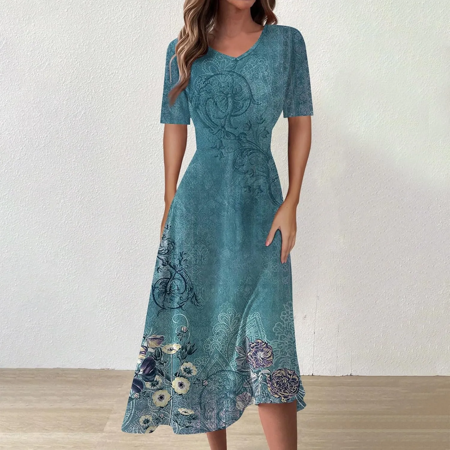 Summer Dresses for Women 2025 Midi Short Sleeve Elegant Flowy A Line Dress