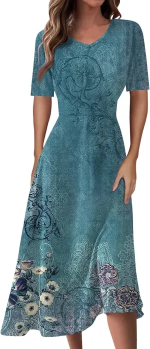 Summer Dresses for Women 2025 Midi Short Sleeve Elegant Flowy A Line Dress