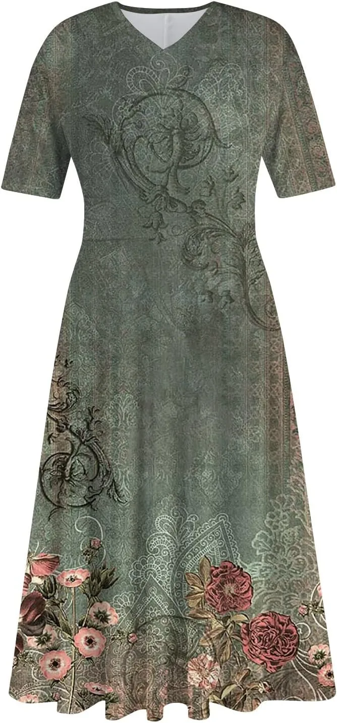 Summer Dresses for Women 2025 Midi Short Sleeve Elegant Flowy A Line Dress