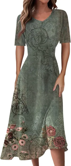 Summer Dresses for Women 2025 Midi Short Sleeve Elegant Flowy A Line Dress