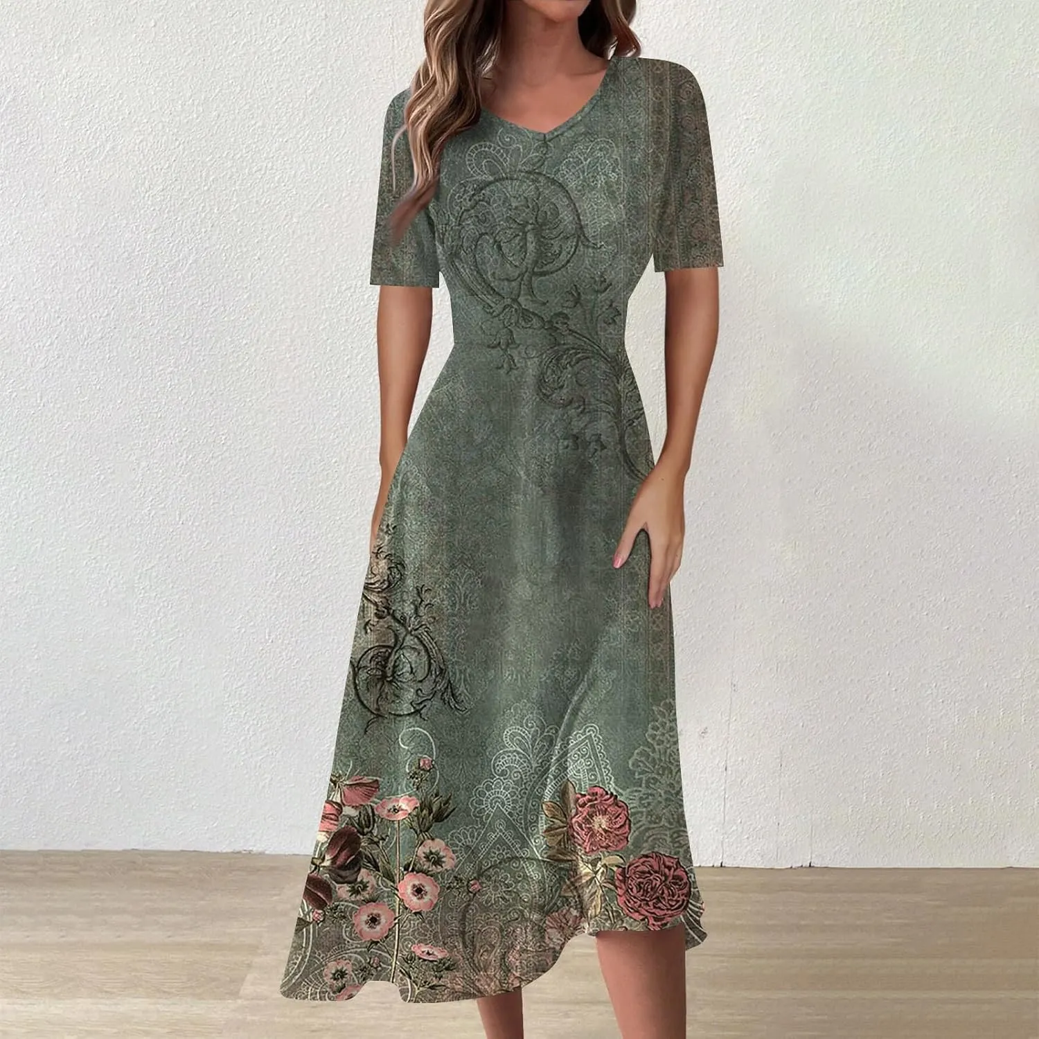 Summer Dresses for Women 2025 Midi Short Sleeve Elegant Flowy A Line Dress