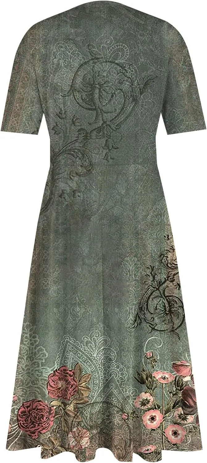Summer Dresses for Women 2025 Midi Short Sleeve Elegant Flowy A Line Dress