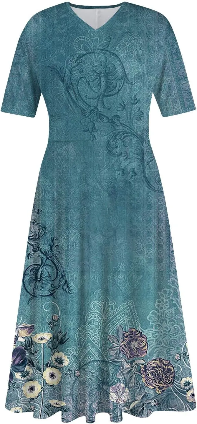 Summer Dresses for Women 2025 Midi Short Sleeve Elegant Flowy A Line Dress