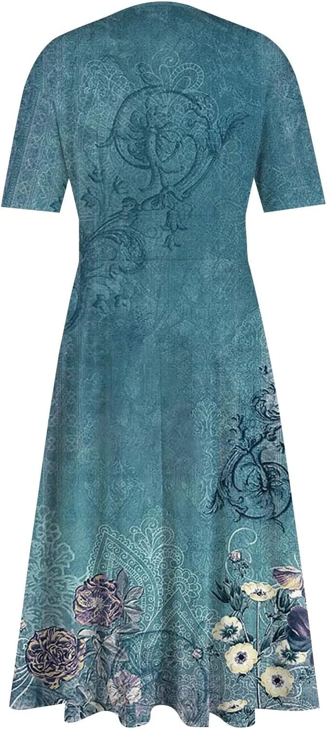 Summer Dresses for Women 2025 Midi Short Sleeve Elegant Flowy A Line Dress