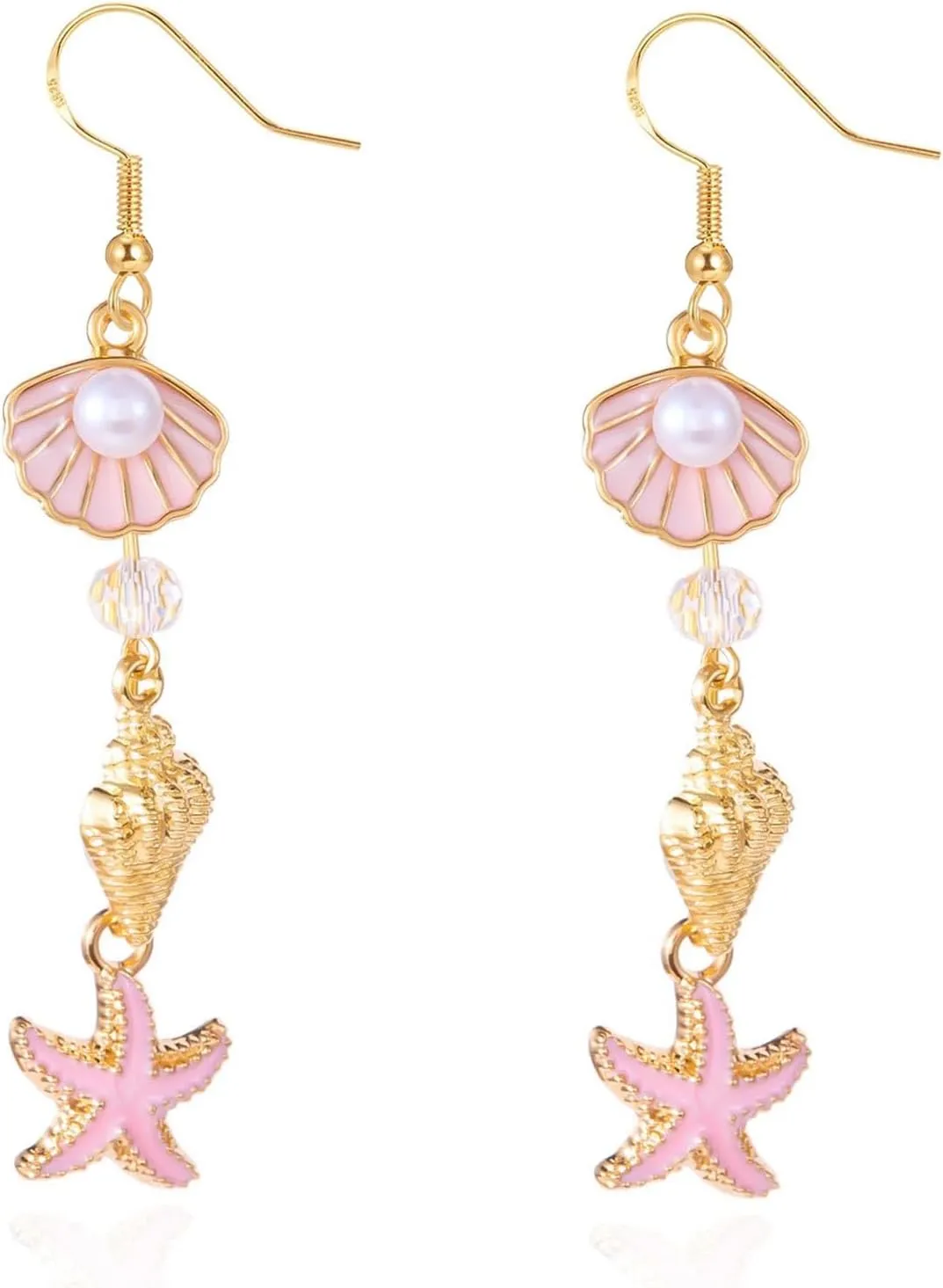 Summer Earrings for Women 2025, 925 Sterling Silver Hypoallergenic Gold Seashell Pink Starfish Pearl Earrings for Women Boho Beach Gold Conch Bohemia Sea Shell Ocean Scallop Trendy Jewelry