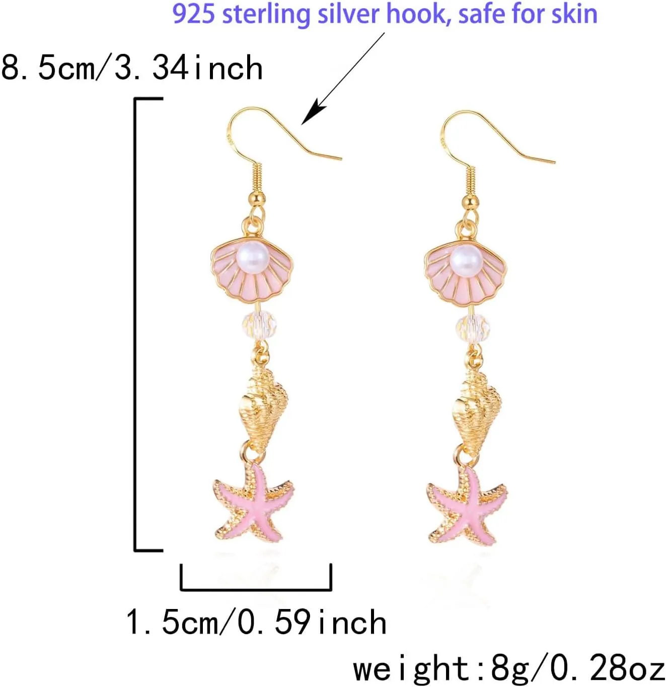 Summer Earrings for Women 2025, 925 Sterling Silver Hypoallergenic Gold Seashell Pink Starfish Pearl Earrings for Women Boho Beach Gold Conch Bohemia Sea Shell Ocean Scallop Trendy Jewelry