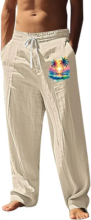 Summer Pants for Men Lightweight Relaxed Fit Trousers with Pockets Casual Wide Leg Vacation Beach Boho Pants