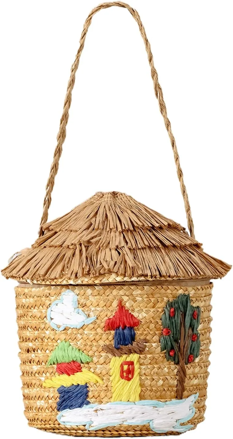 Summer Straw Bucket Bag Cute House Woven Beach Bag Basket Purse Straw Handbags for Women Vacation