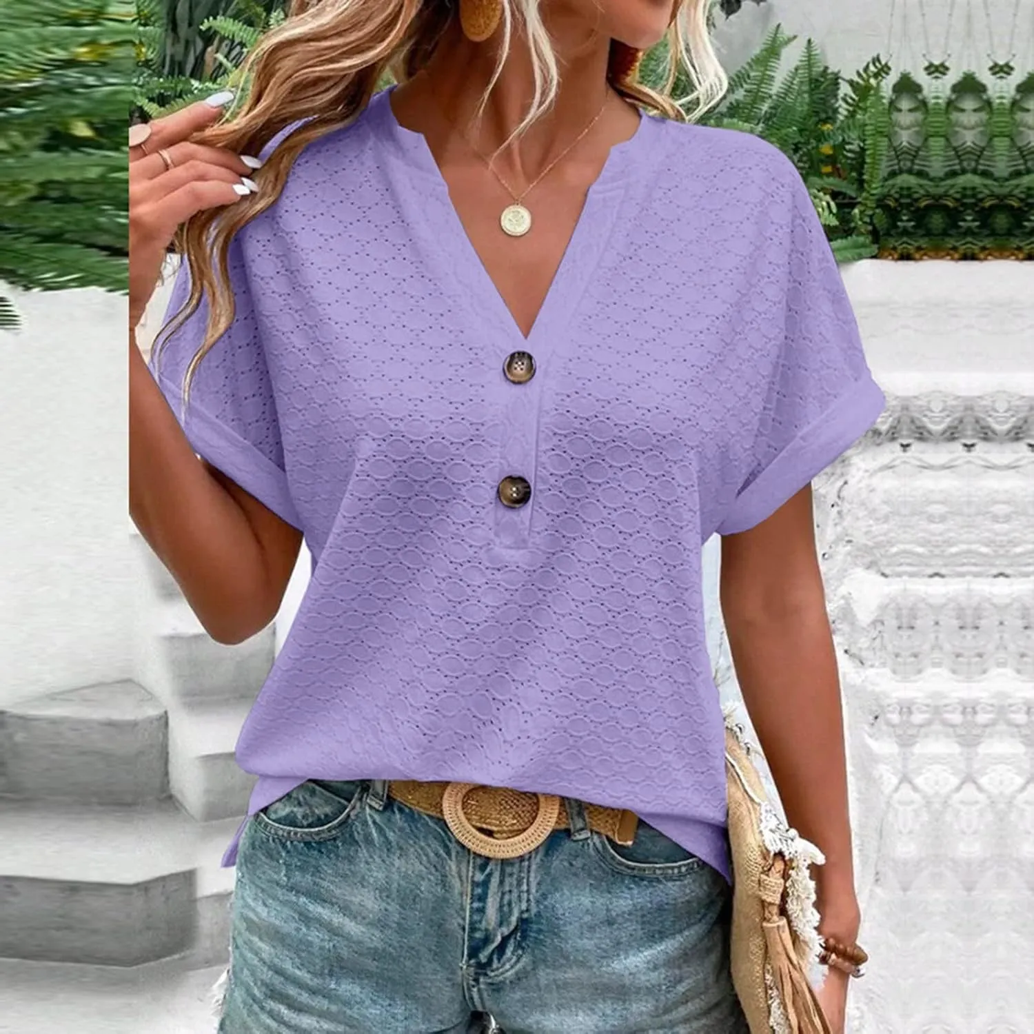 Summer Tops for Women Trendy 2025 Short Sleeve V Neck Eyelet Shirts Dressy Casual Loose Ladies Blouses Going Out