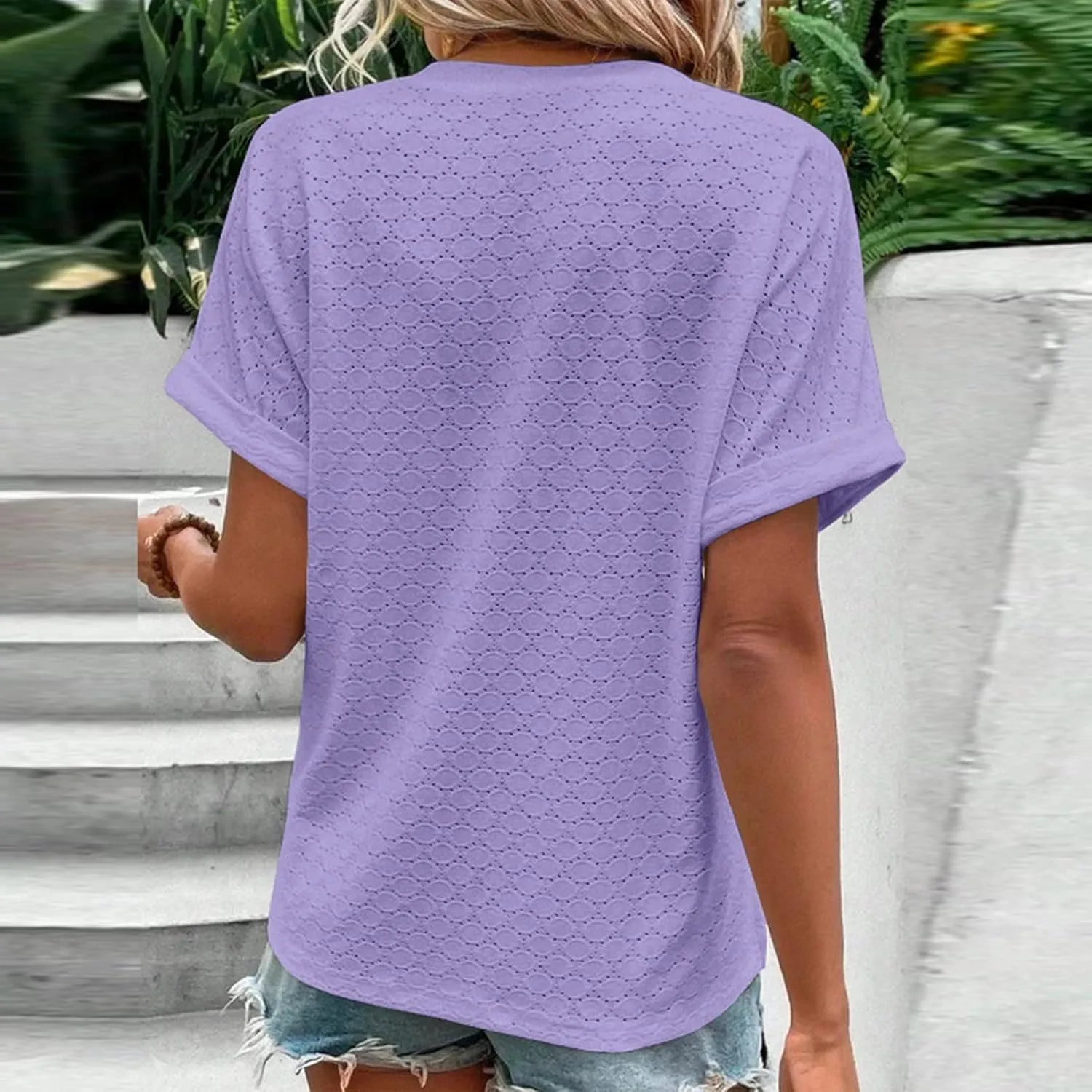 Summer Tops for Women Trendy 2025 Short Sleeve V Neck Eyelet Shirts Dressy Casual Loose Ladies Blouses Going Out