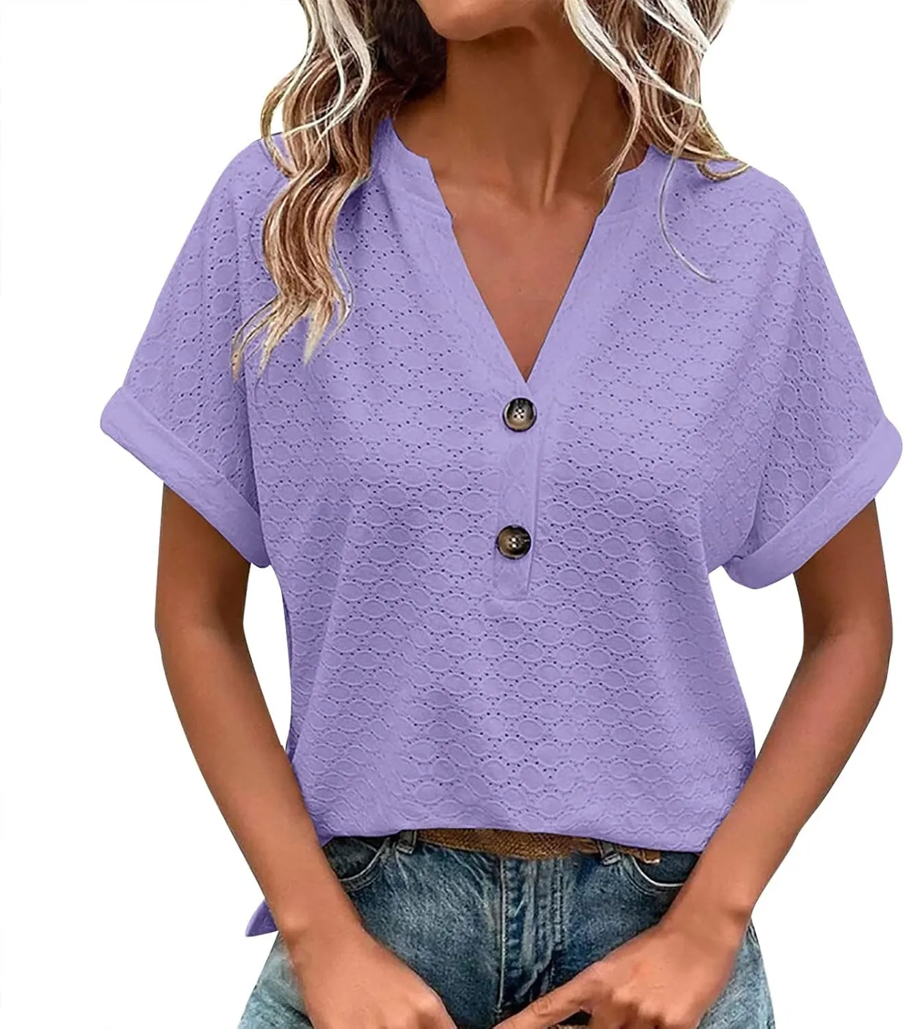 Summer Tops for Women Trendy 2025 Short Sleeve V Neck Eyelet Shirts Dressy Casual Loose Ladies Blouses Going Out