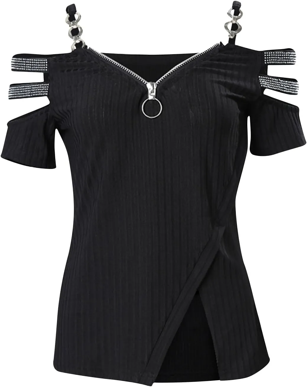 Summer Tops for Women Trendy Metal Chain Sleeveless Camisole Casual Dressy Off Shoulder Vest Zipper V-Neck Tank Tops